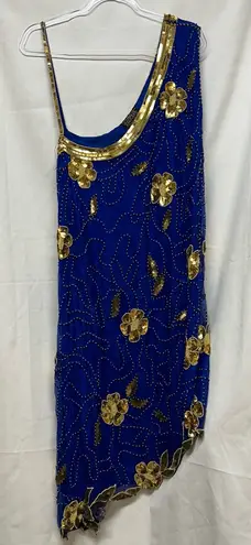 Boutique Vintage Dress Women Small Blue Cobalt Gold Sequin Hula Water Goddess Costume