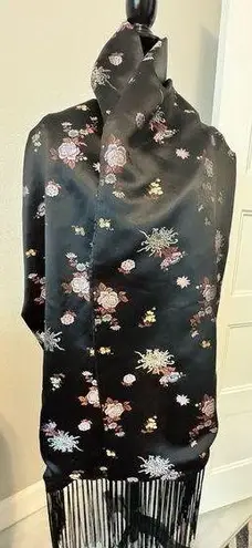 Vintage Black Floral Satin Floral Print Fringed Scarf Wrap
