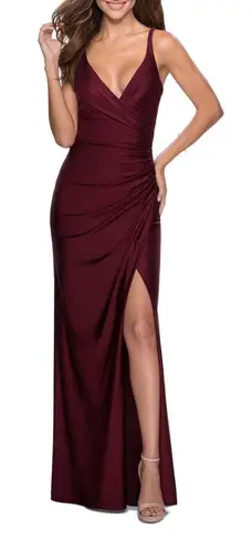 La Femme Ruched Jersey Gown Dark Berry Prom Dress