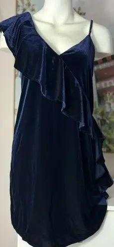 19 Cooper NEW Navy Blue Velvet Velour Ruffle Asymmetrical Mini Dress Size XS