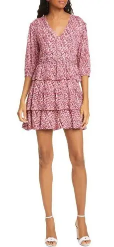 Ba&sh Nina Dress Pink Floral Tiered Ruffle Puff 3/4 sleeves minidress