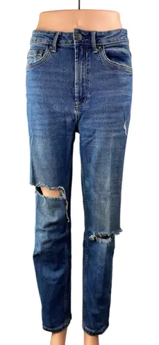 Stradivarius Womens Blue Distressed Slim Fit Straight Leg Mom Denim Jeans Size 6