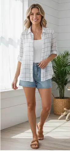 Tahari 100% Linen White Windowpane Plaid Button Up Shirt Top Women's 1X Casual - Image 1