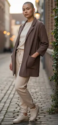 Quince Organic Cotton Knit Cardigan Blazer Brown Size Large Open Front Pockets