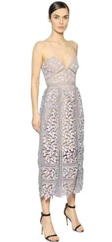 Self Portrait Arabella Lace V Neck Midi Dress Smoked Lilac & Nude Tan Size 4