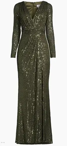 Mac Duggal Ieena olive green sequin full length long sleeve high slit gown. 6