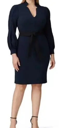 Badgley Mischka Belted V Neck Sheath Dress Navy Hourglass Belted Puff Sleeves 8