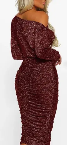UNBRANDED Red Off Shoulder Glitter Bodycon Midi Party Dress Size M