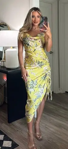 Mable Asymmetrical Yellow Floral Midi Dress Cinch Slit Cowl Neck Tropical Small