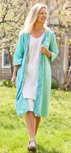 April Cornell Size S Camelia Duster Ruffled Teal Pockets Boho Cotton Flax Green