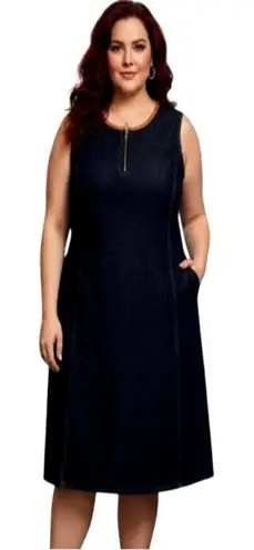 LRL Ralph Lauren Denim Dress Plus 14W 1/4 Zip New Leather Trim Neutral Classic Blue