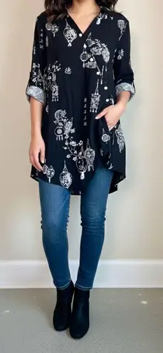 NWT Soft Surroundings Pagoda Lantern Print Heavenly Soft Tunic Blouse M Black Size M