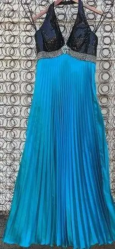 Mori Lee Y2K beaded sequin halter prom dress maxi gown teal black 5/6