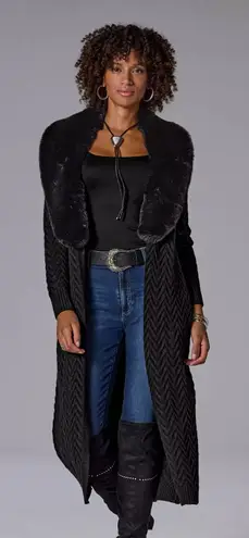 Boston Proper Faux Fur Trim Sweater Duster Black size XS NWT