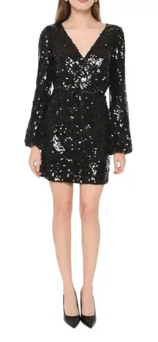 WAYF NEW Carrie Long Sleeve Sequin Minidress Small Black Party Sparkle