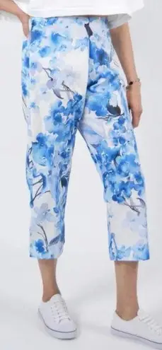 Bryn Walker Fioro Cotton Print Blue White Capri Cropped Pants Coastal Size XL