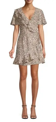 Rebecca Vallance Anya Wrap Mini Dress Sz 6 Beige Black Leopard Print Ruffle Hem