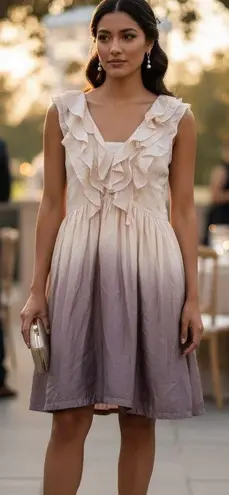 Lipsy London Dress Size 14 Brown Beige Dip Dye V Neck Frill Party 1005 SILK