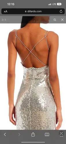 B Darlin Silver-Sequin Slit Prom Dress