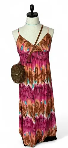Stevie Lindsay Maxi Dress Pink Brown Turquoise Sleeveless Smocked Boho Size M