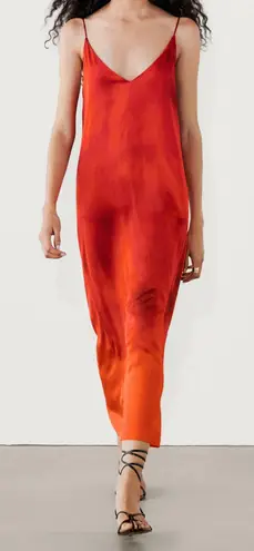 Massimo Dutti NWT Ombre Print Flowing Midi Dress V-Neck & Back In Red Large