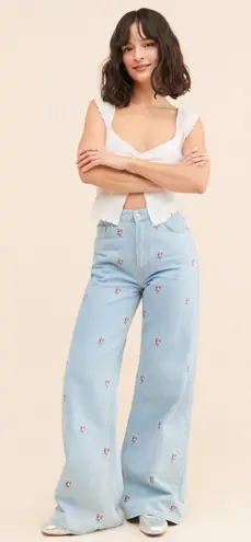 Farm Rio Rose Embroidered Wide Leg Denim