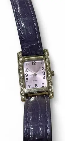 Vintage rectangle quartz watch purple crocodile pattern leather rhinestone