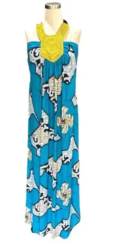 Tbags Los Angeles maxi dress with halter beading blue yellow size small