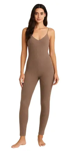 Anwnd Womens Ribbed Jumpsuit Size S/M Brown Sleeveless Stretch One Piece Loungew