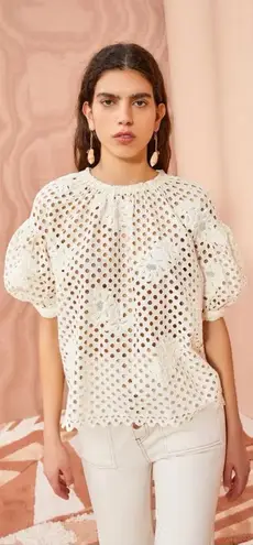 Ulla Johnson Grace Top Pearl White Eyelet Floral Applique Puff Sleeve Size 6