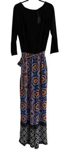 Ashley Stewart Jumpsuit Geometric Print 3/4 Sleeve Black Blue Orange Plus 14/16