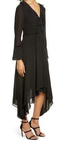 Shani Collection Ruffle Asymmetrical Long Sleeve Midi Dress Hanky Hem Black Med Size 8