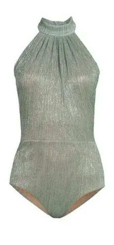 PATBO Halter Neck Bodysuit Sea Green Size Small Going Out Top Shimmer Metallic