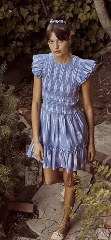 Saylor Zinnia Blue Ruffled Ikat Voile Mini Dress Size Small
