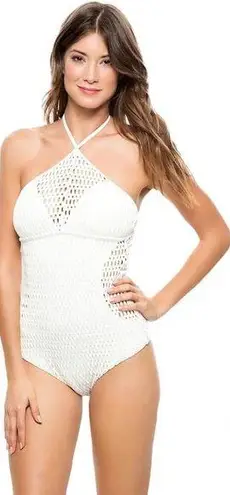 Vanilla Beach  Women's Crochet High Neck One Piece Swimsuit Off White