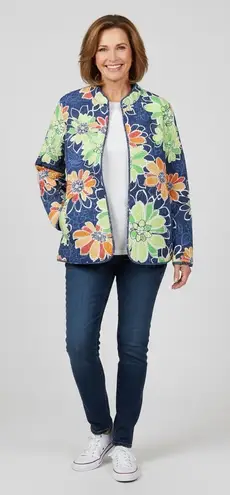Alfred Dunner Quilted Floral Jacket Womens 16 Blue Orange Green Open Fall Blazer