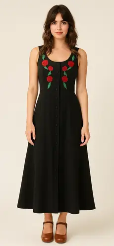 Vintage Texas Couture black button front midi dress rose embroidery. Size 4