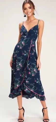 ValMarie Floral Navy Wrap Midi Dress Medium