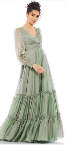Mac Duggal NWT 67864 Long Sleeve Satin Chiffon Tiered Gown Dress Sage Green