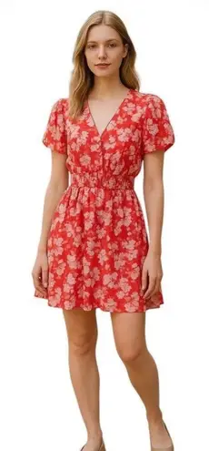 River Island Smocked Waist Chiffon Floral Print Dress Red Size 12 Boho Spring