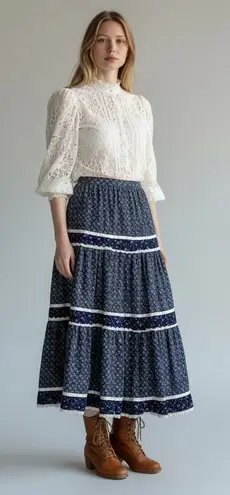Gunne Sax Vintage 70s Tiered Floral Midi Maxi Prairie Skirt XS Bohemian Cottage