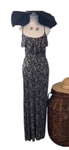 Cute black & white paisley maxi dress size XS/S spaghetti straps ruffles EUC