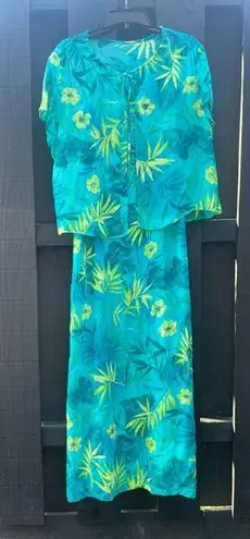 Robbie Bee Women's Aqua Floral Maxi Spaghetti Strap Dress & Sheer Blouse Size 14