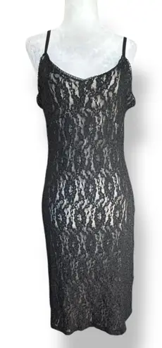 Vintage 90s Express Black Lace Slip Dress Nude Lined USA Made Medium Romantic