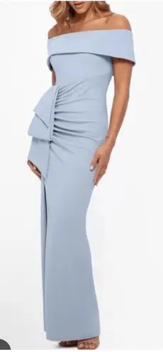 XScape NWT Camila Long Off The Shoulder Scuba Crepe Dress Ruched Blue Size 12