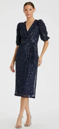 Mac Duggal 5578 Navy Sequined V-Neck Short
Puff Sleeve Midi Dress NWT