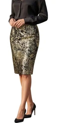 Escada Pencil Skirt US 4 Black Gold Linen Silk Blend Brocade Abstract Glamour