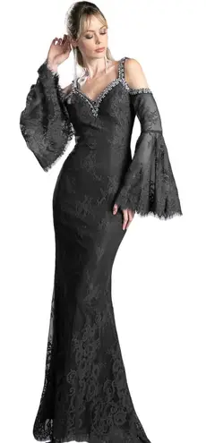 Cinderella Divine NWT Black Chantilly lace embellished bell sleeve long formal dress evening gown