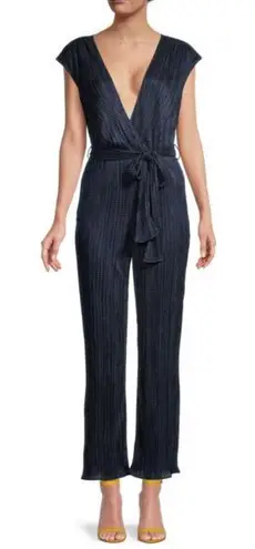 Monique Lhuillier Belted Sleeveless Knit Jumpsuit navy blue, size 8