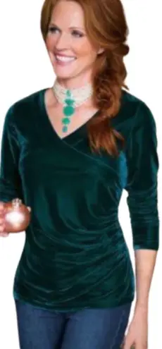 Soft Surroundings Womens Velour Velvet Surplice Faux Wrap Top Green Size Small